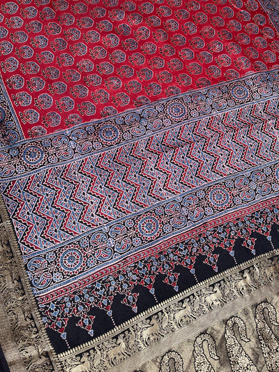DHWANI:Handblock Ajrakh Dola Silk Saree with Meenakari Pallu