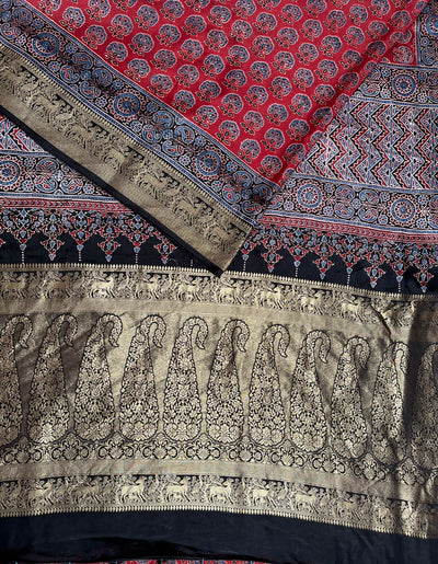 DHWANI:Handblock Ajrakh Dola Silk Saree with Meenakari Pallu