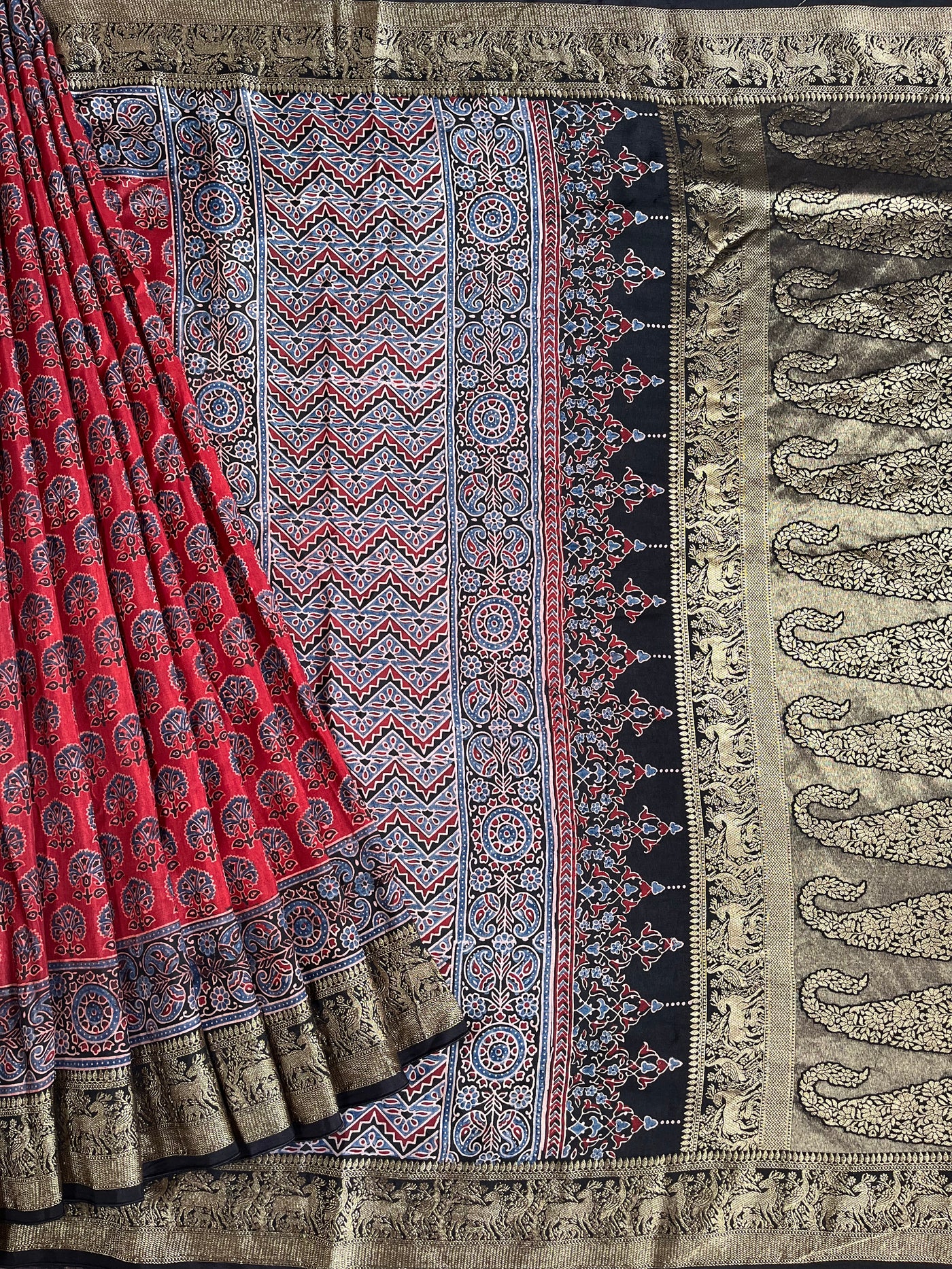 DHWANI:Handblock Ajrakh Dola Silk Saree with Meenakari Pallu