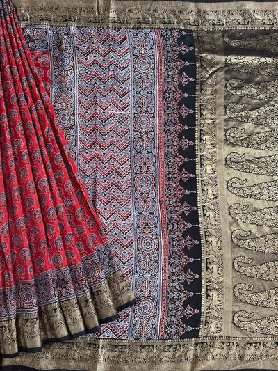 DHWANI:Handblock Ajrakh Dola Silk Saree with Meenakari Pallu