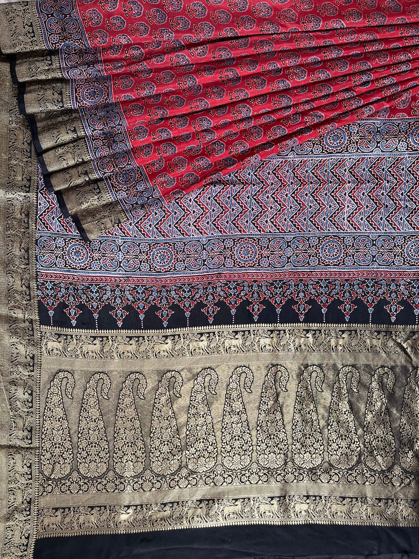 DHWANI:Handblock Ajrakh Dola Silk Saree with Meenakari Pallu