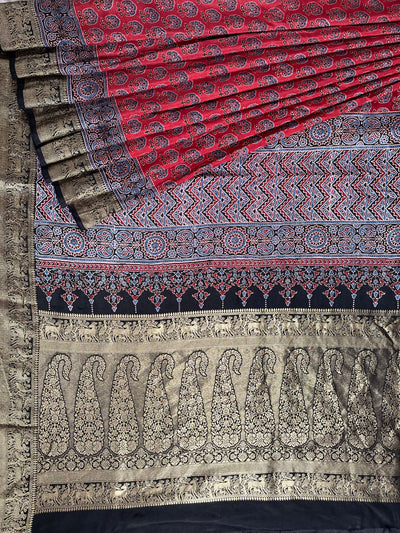 DHWANI:Handblock Ajrakh Dola Silk Saree with Meenakari Pallu