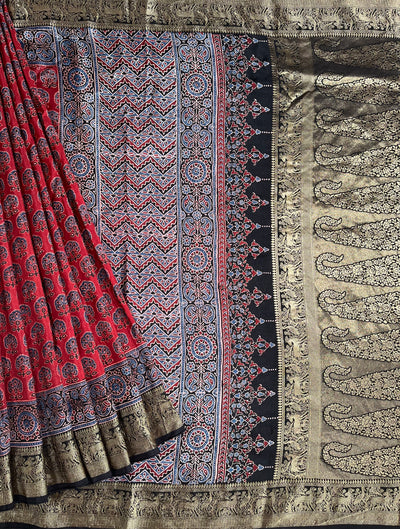 DHWANI:Handblock Ajrakh Dola Silk Saree with Meenakari Pallu