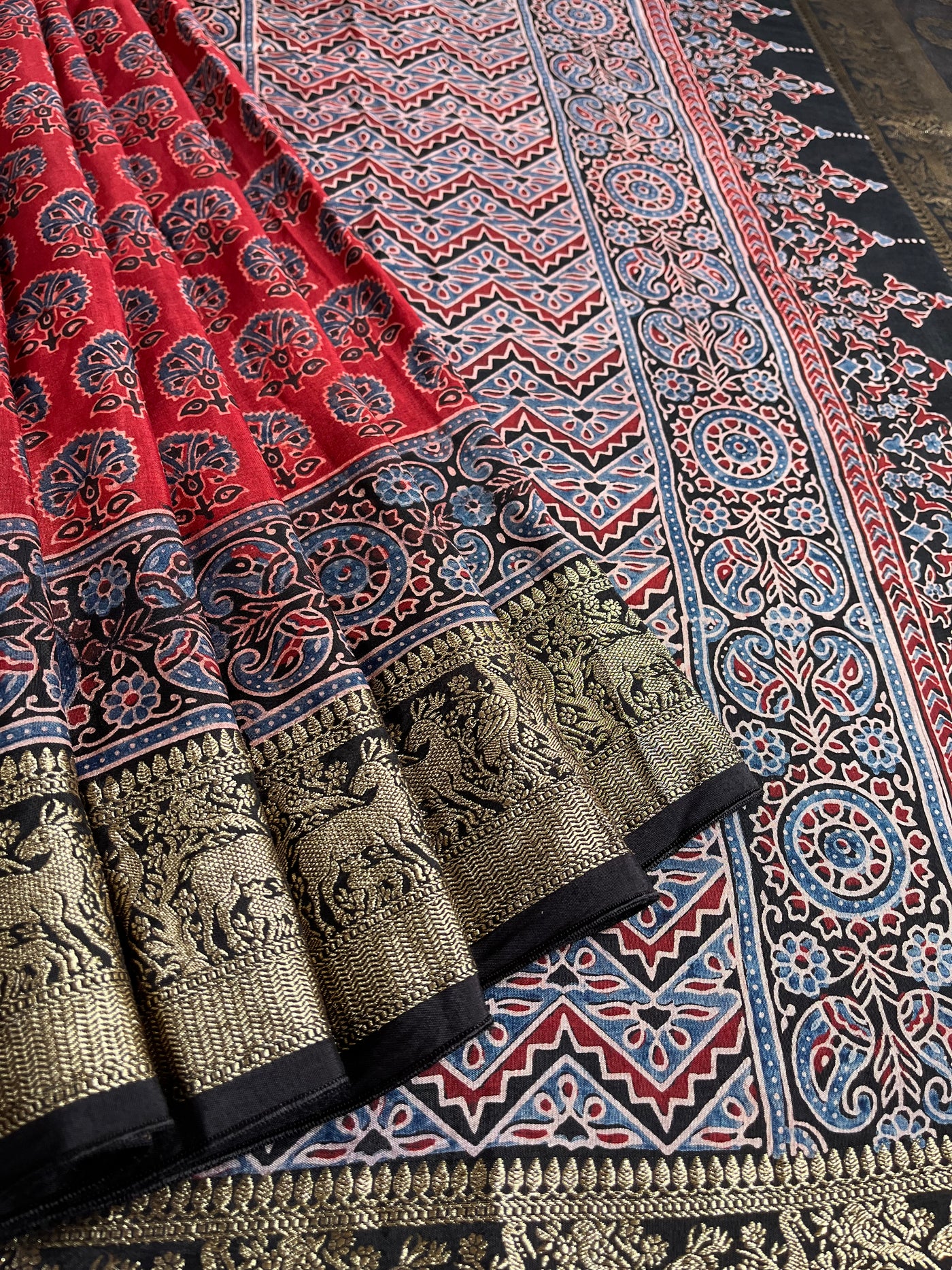 DHWANI:Handblock Ajrakh Dola Silk Saree with Meenakari Pallu