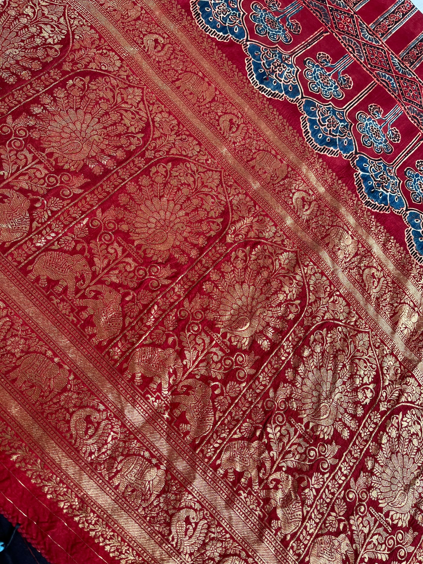 MRNALI:Handblock Ajrakh Dola Silk Saree with Meenakari Pallu
