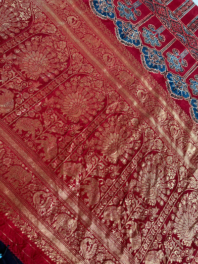 MRNALI:Handblock Ajrakh Dola Silk Saree with Meenakari Pallu