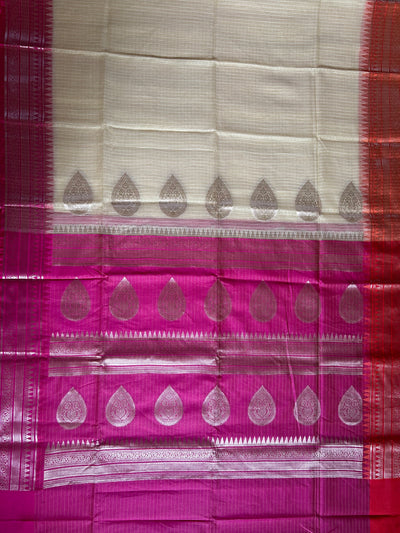 KUNDAN : CREAM, FESTIVE WEAR BANARASI KOTA CHECKS SAREE WITH GANGA- JAMUNA BORDER.