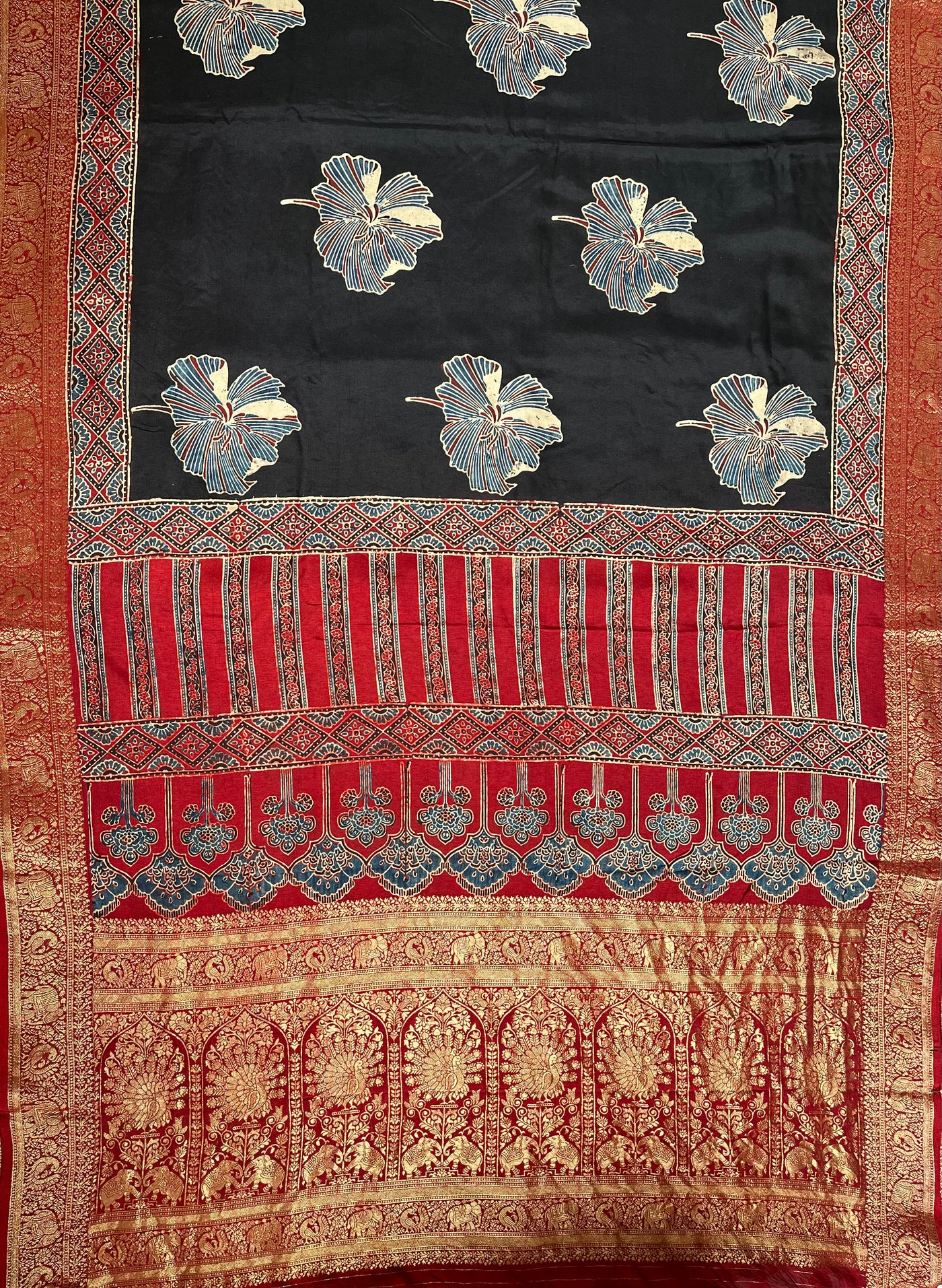 MRNALI:Handblock Ajrakh Dola Silk Saree with Meenakari Pallu