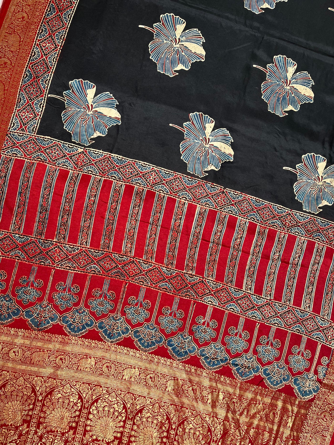MRNALI:Handblock Ajrakh Dola Silk Saree with Meenakari Pallu