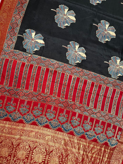 MRNALI:Handblock Ajrakh Dola Silk Saree with Meenakari Pallu