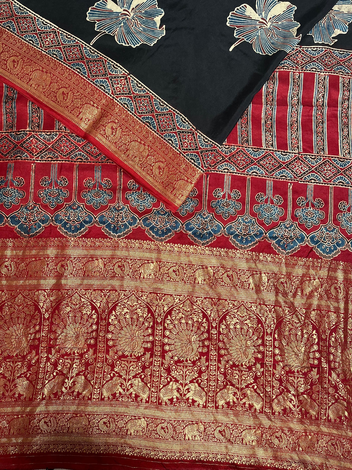 MRNALI:Handblock Ajrakh Dola Silk Saree with Meenakari Pallu