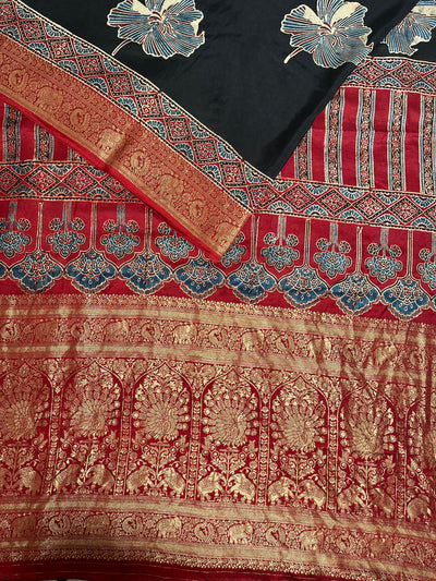MRNALI:Handblock Ajrakh Dola Silk Saree with Meenakari Pallu