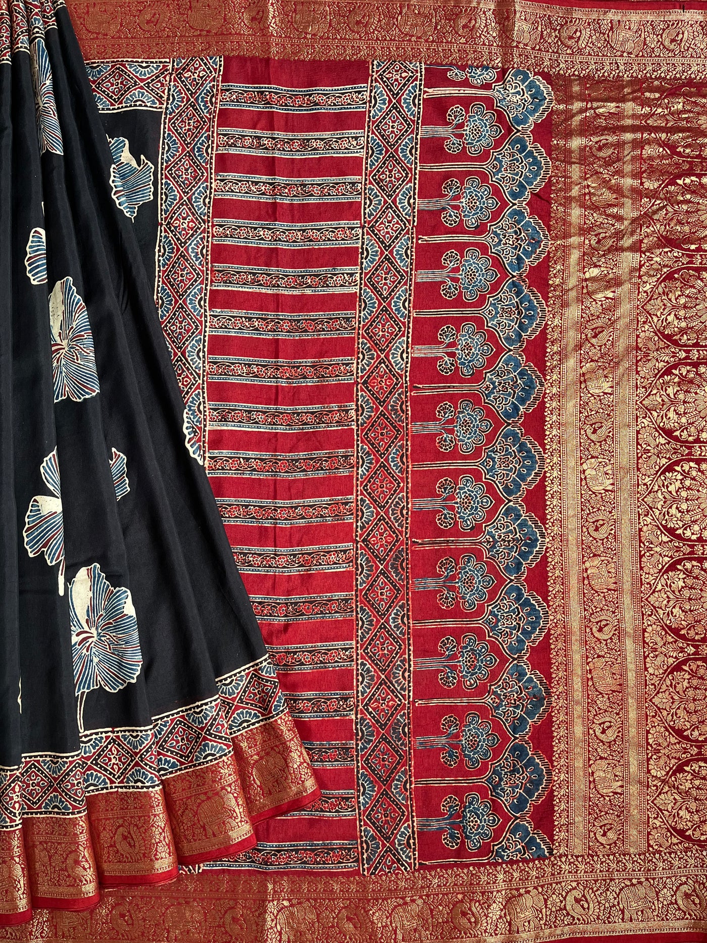 MRNALI:Handblock Ajrakh Dola Silk Saree with Meenakari Pallu