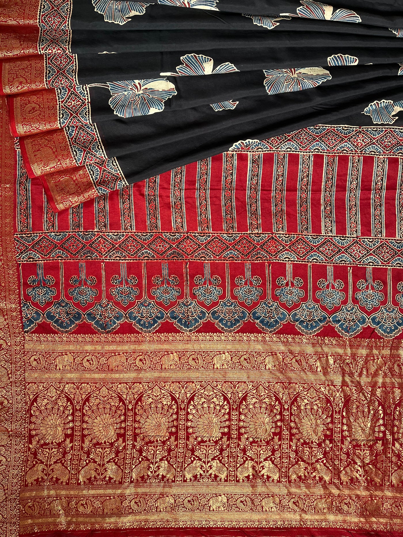 MRNALI:Handblock Ajrakh Dola Silk Saree with Meenakari Pallu