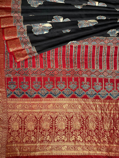 MRNALI:Handblock Ajrakh Dola Silk Saree with Meenakari Pallu