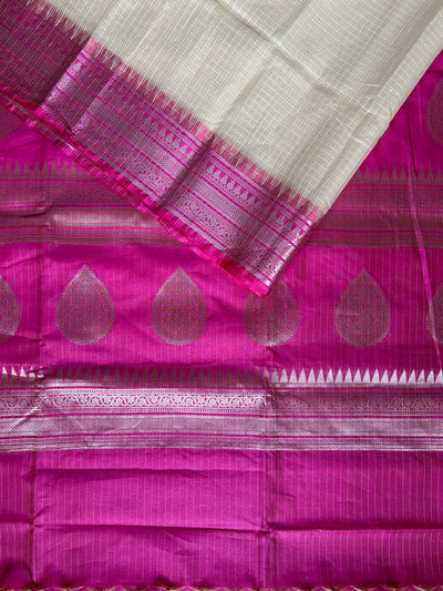 KUNDAN : CREAM, FESTIVE WEAR BANARASI KOTA CHECKS SAREE WITH GANGA- JAMUNA BORDER.