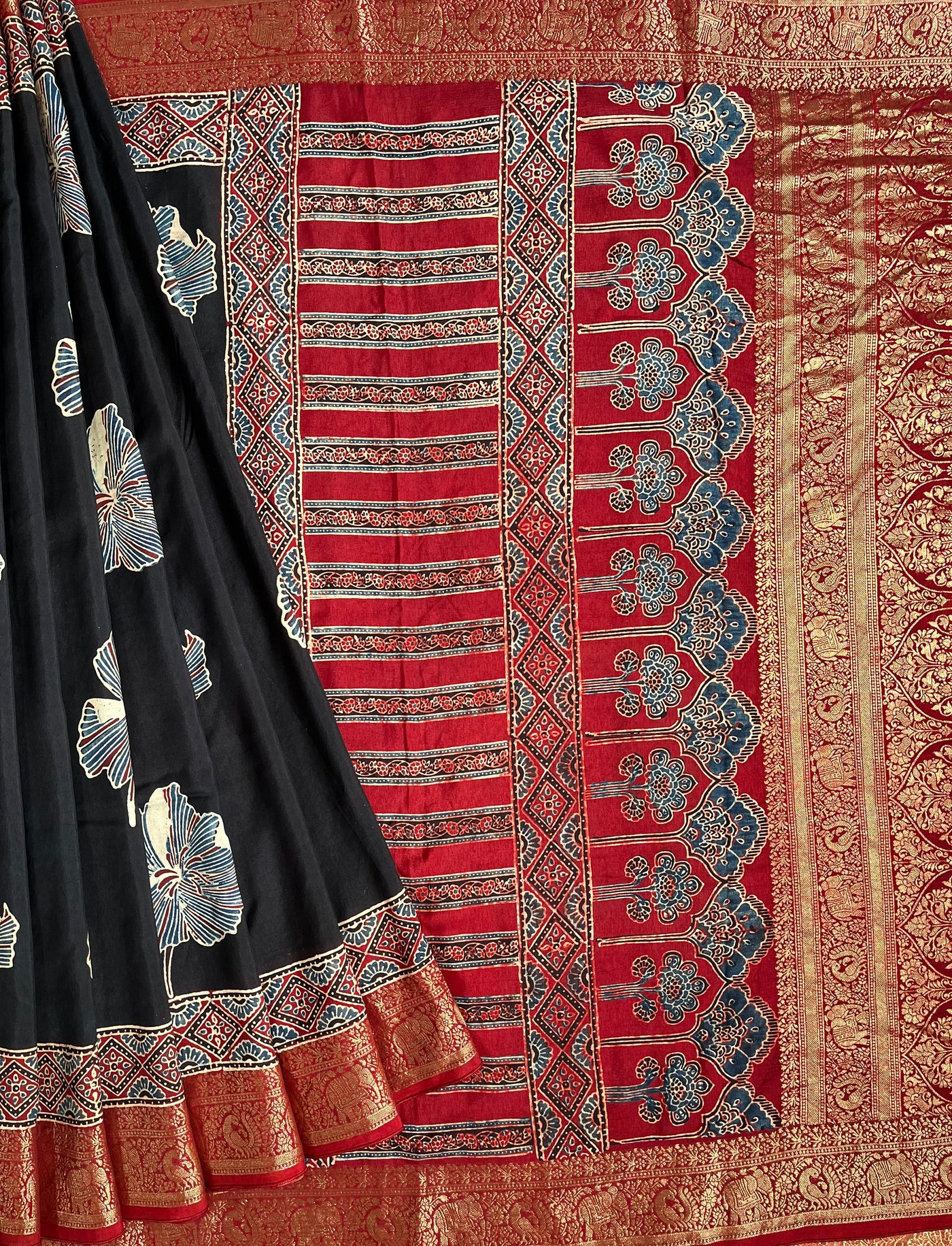 MRNALI:Handblock Ajrakh Dola Silk Saree with Meenakari Pallu