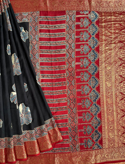 MRNALI:Handblock Ajrakh Dola Silk Saree with Meenakari Pallu