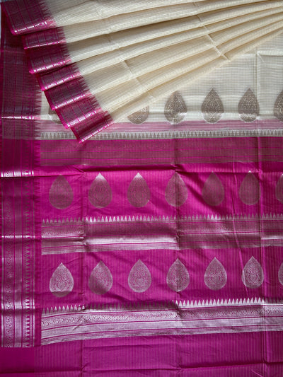 KUNDAN : CREAM, FESTIVE WEAR BANARASI KOTA CHECKS SAREE WITH GANGA- JAMUNA BORDER.