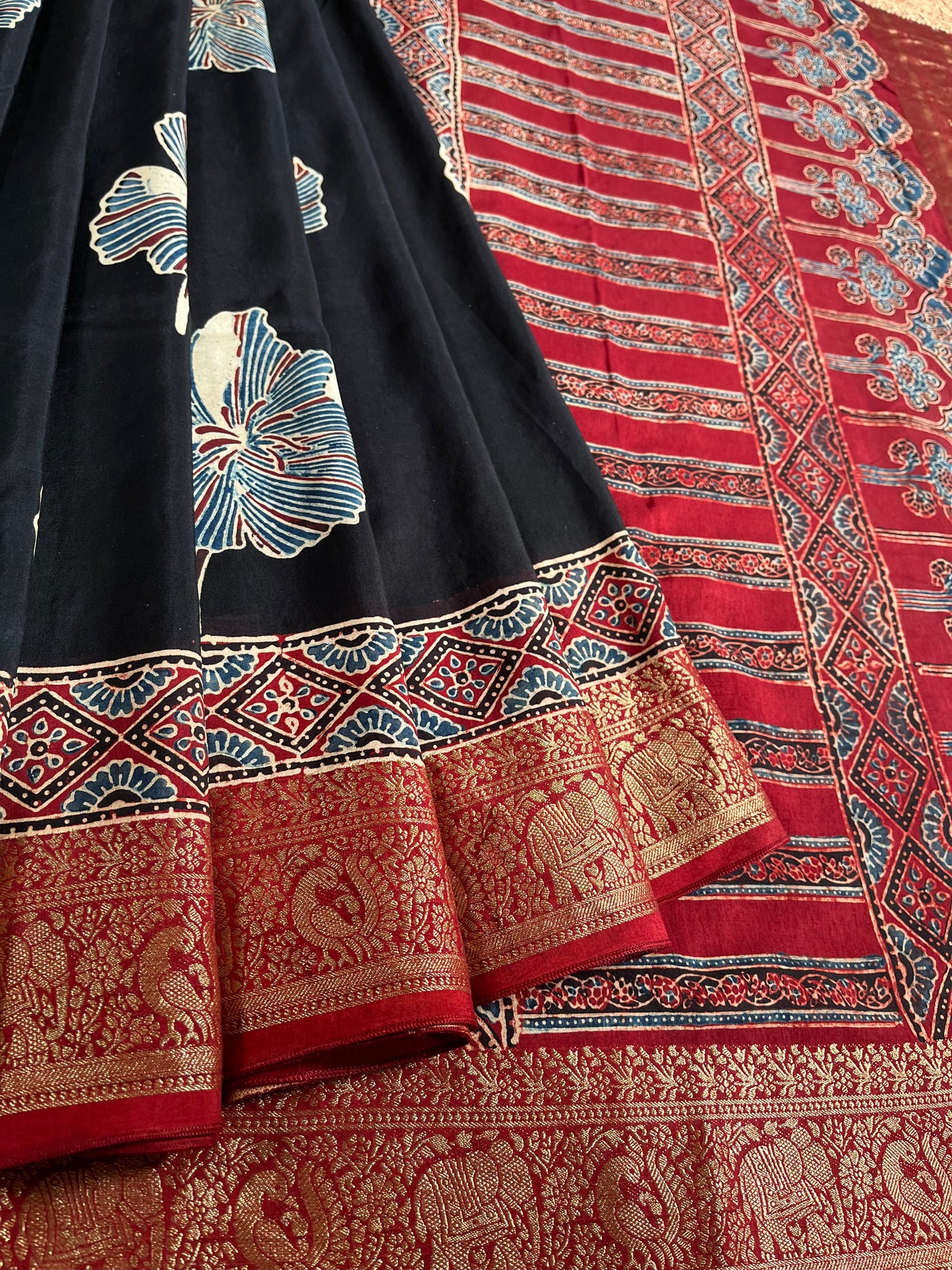 MRNALI:Handblock Ajrakh Dola Silk Saree with Meenakari Pallu