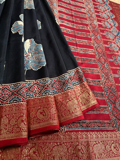 MRNALI:Handblock Ajrakh Dola Silk Saree with Meenakari Pallu