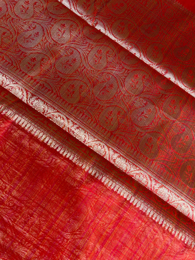 JANAKI :RED, PARTYWEAR BANARASI SILK- LINEN SLUB SAREE.