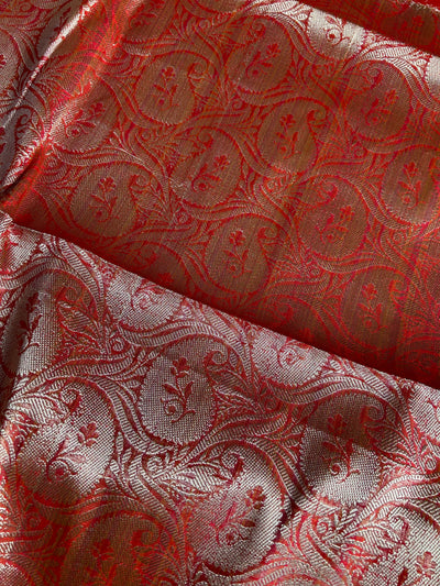 JANAKI :RED, PARTYWEAR BANARASI SILK- LINEN SLUB SAREE.