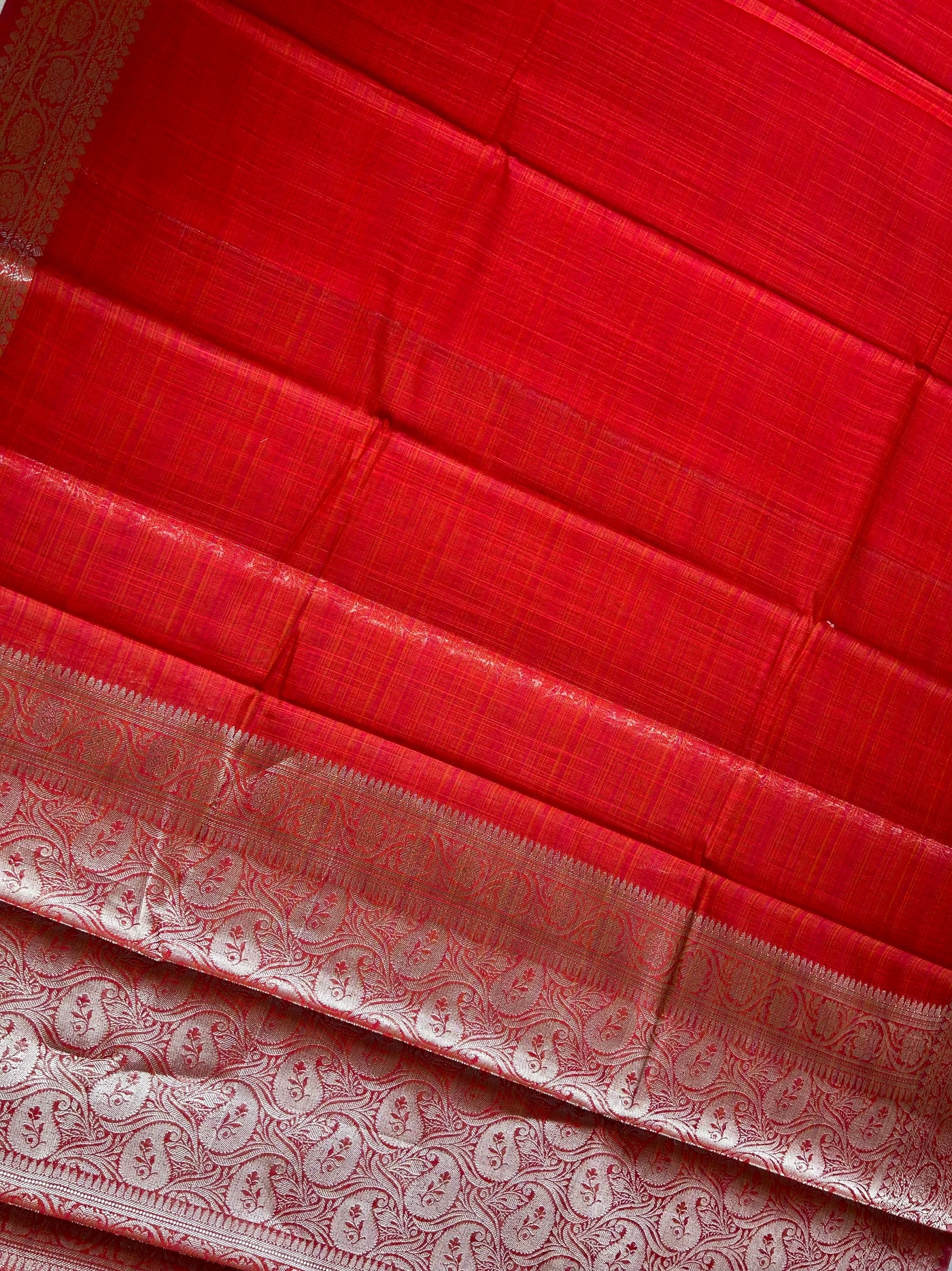 JANAKI :RED, PARTYWEAR BANARASI SILK- LINEN SLUB SAREE.