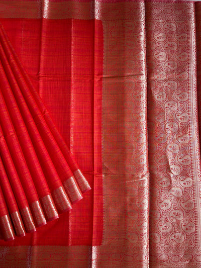 JANAKI :RED, PARTYWEAR BANARASI SILK- LINEN SLUB SAREE.