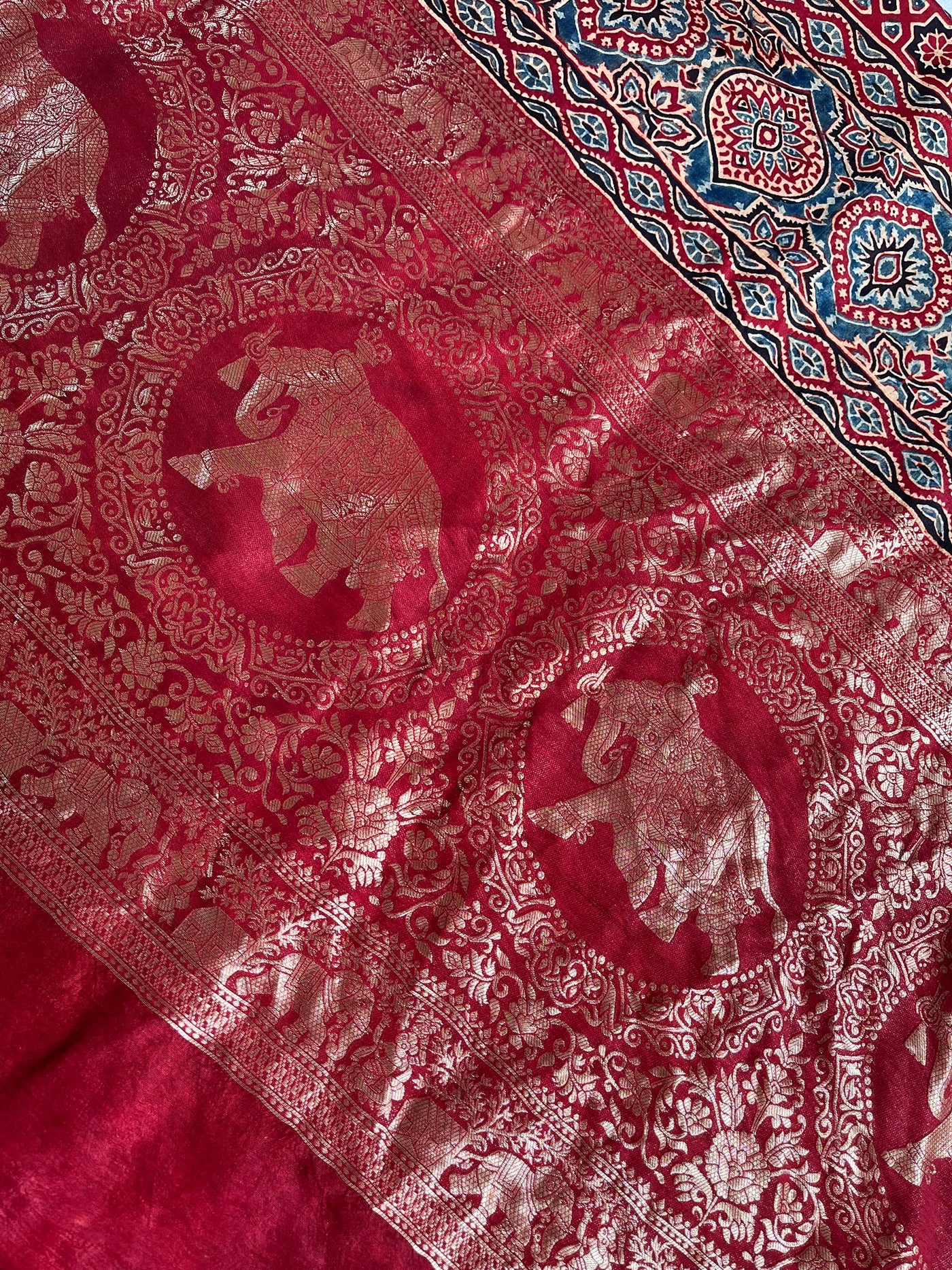 VAANYA:Handblock Ajrakh Dola Silk Saree with Meenakari Pallu