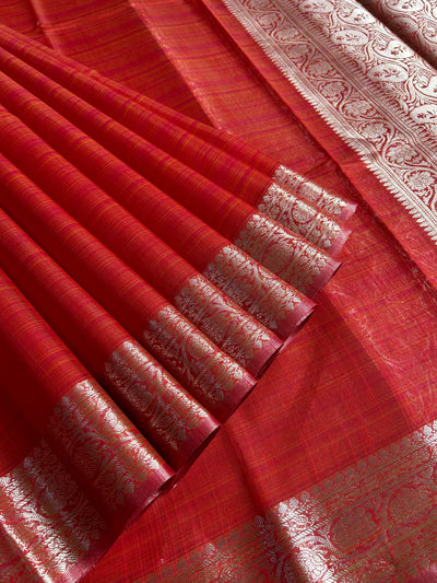 JANAKI :RED, PARTYWEAR BANARASI SILK- LINEN SLUB SAREE.