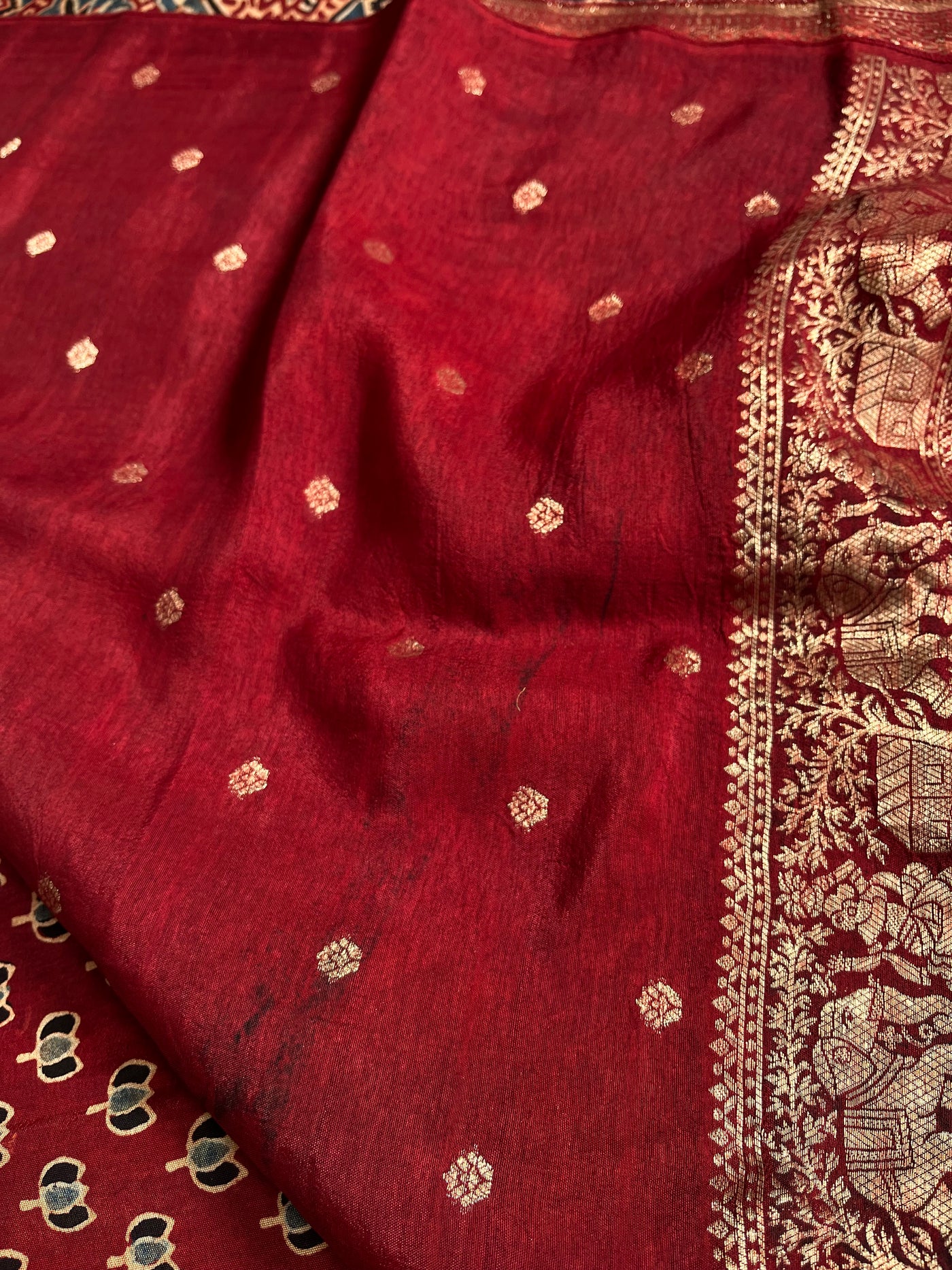 VAANYA:Handblock Ajrakh Dola Silk Saree with Meenakari Pallu
