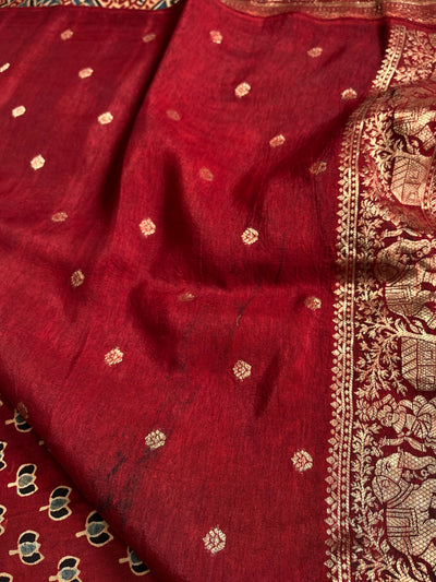 VAANYA:Handblock Ajrakh Dola Silk Saree with Meenakari Pallu