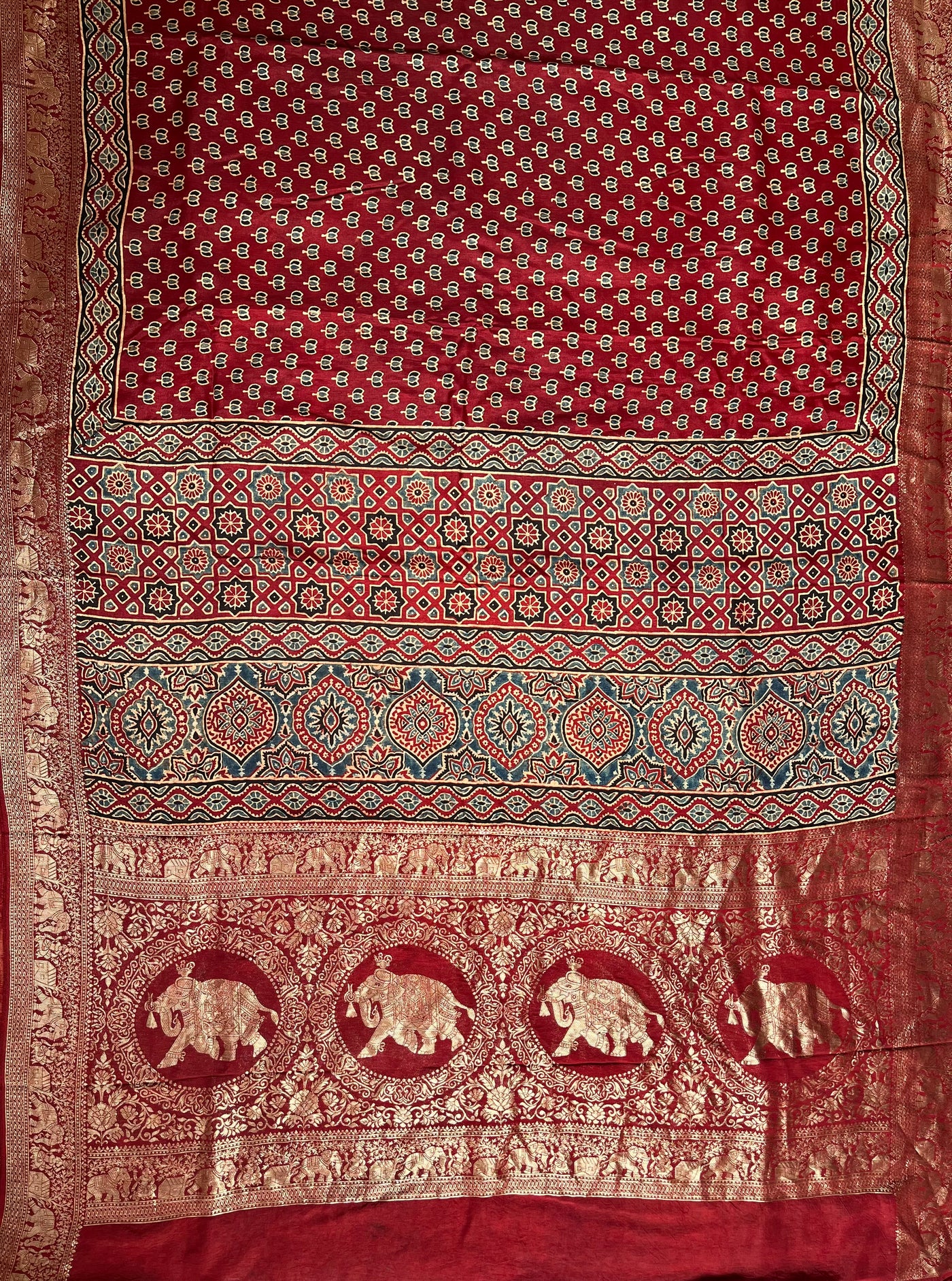 VAANYA:Handblock Ajrakh Dola Silk Saree with Meenakari Pallu