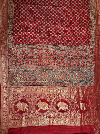 VAANYA:Handblock Ajrakh Dola Silk Saree with Meenakari Pallu