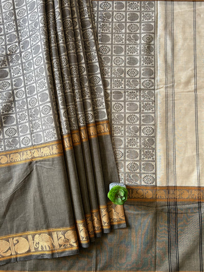 SHRINGAR:GREY, PURE KANCHIPURAM COTTON SAREE WITH JACQUARD WEAVING.