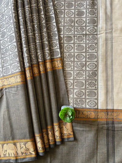 SHRINGAR:GREY, PURE KANCHIPURAM COTTON SAREE WITH JACQUARD WEAVING.