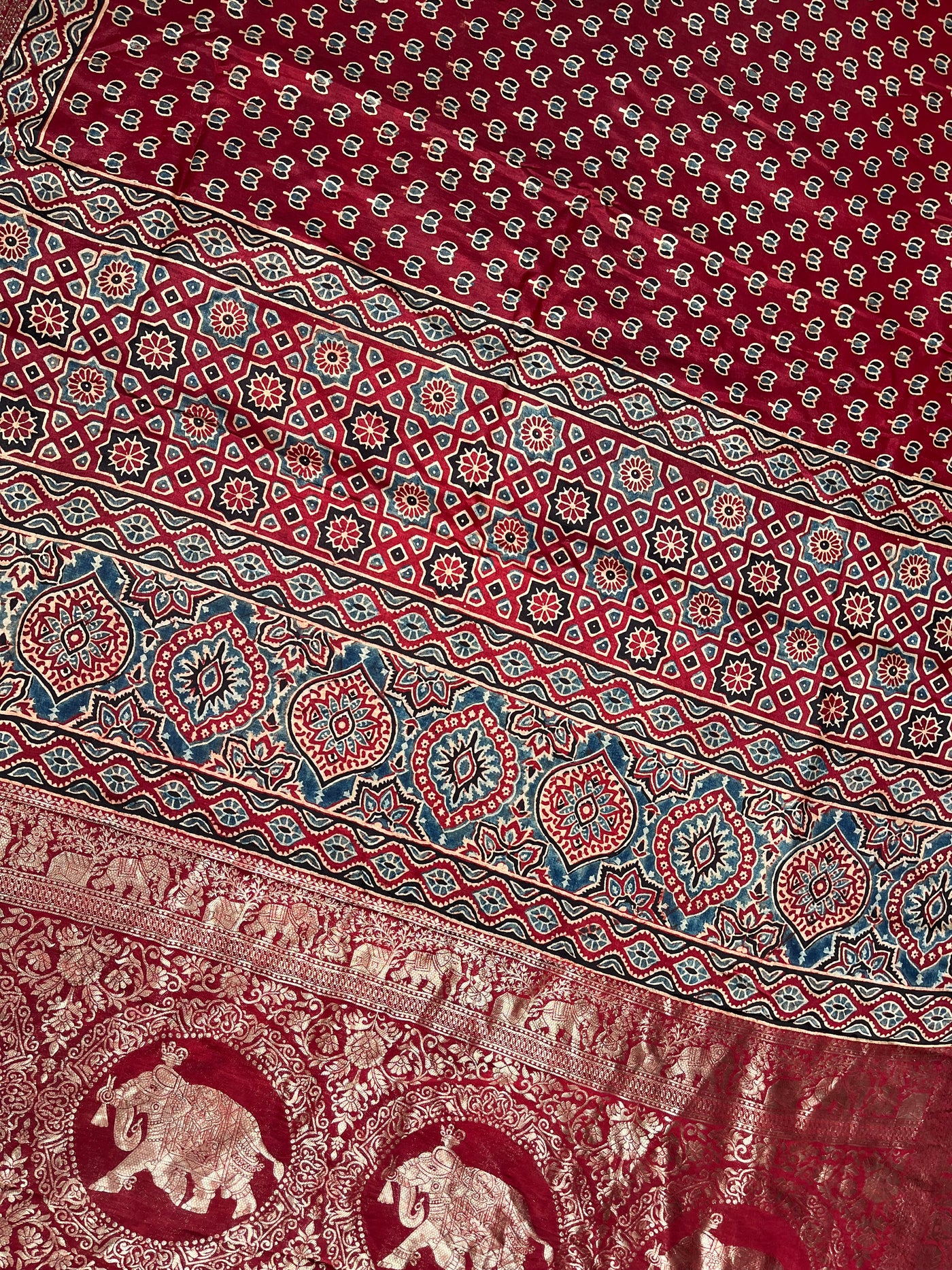 VAANYA:Handblock Ajrakh Dola Silk Saree with Meenakari Pallu