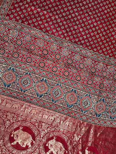 VAANYA:Handblock Ajrakh Dola Silk Saree with Meenakari Pallu