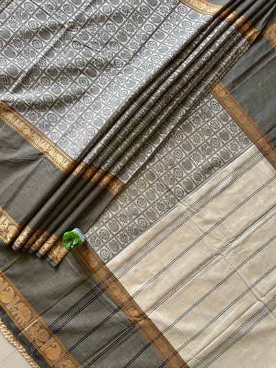 SHRINGAR:GREY, PURE KANCHIPURAM COTTON SAREE WITH JACQUARD WEAVING.