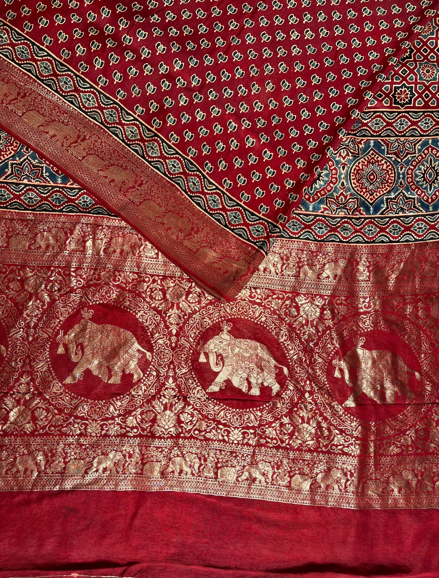 VAANYA:Handblock Ajrakh Dola Silk Saree with Meenakari Pallu