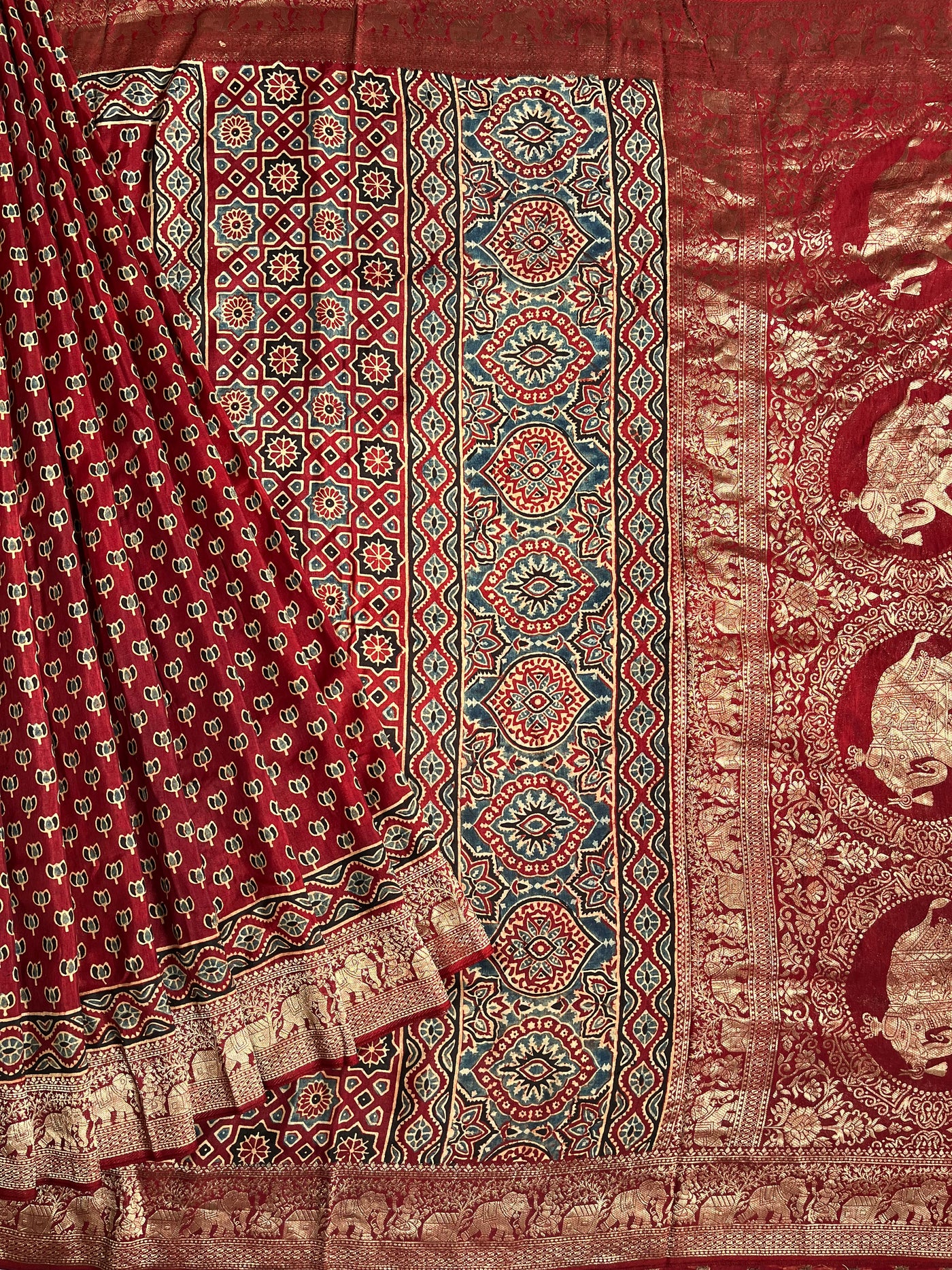VAANYA:Handblock Ajrakh Dola Silk Saree with Meenakari Pallu
