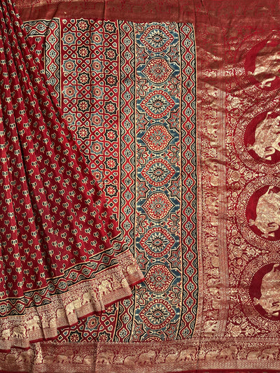 VAANYA:Handblock Ajrakh Dola Silk Saree with Meenakari Pallu