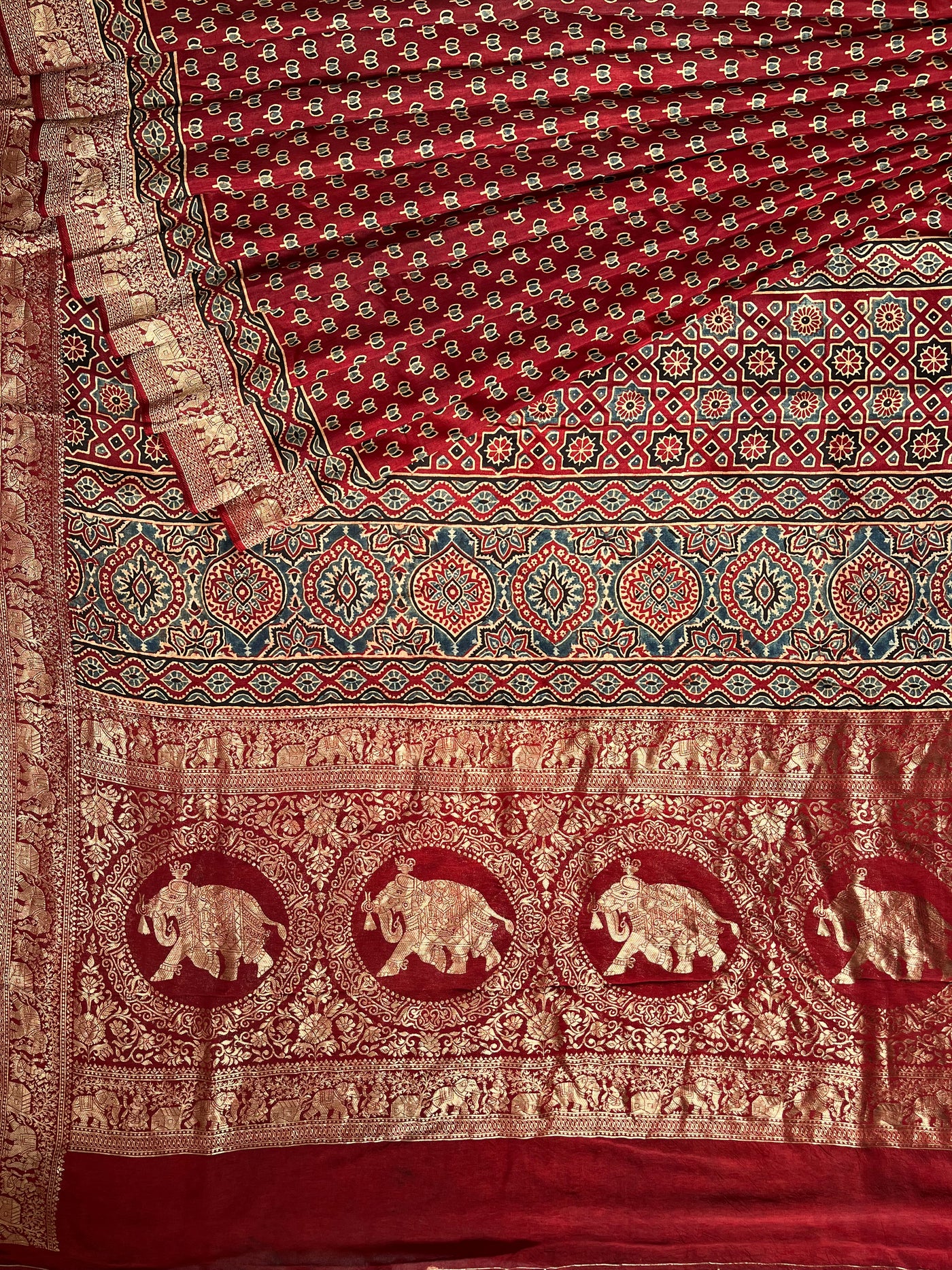 VAANYA:Handblock Ajrakh Dola Silk Saree with Meenakari Pallu