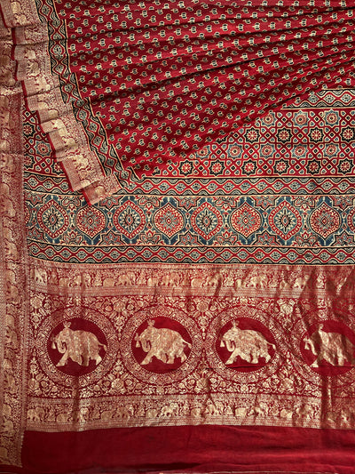 VAANYA:Handblock Ajrakh Dola Silk Saree with Meenakari Pallu
