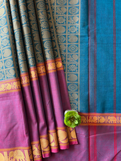 BINDIYA:TURQUOISE, PURE KANCHIPURAM COTTON SAREE WITH JACQUARD WEAVING.