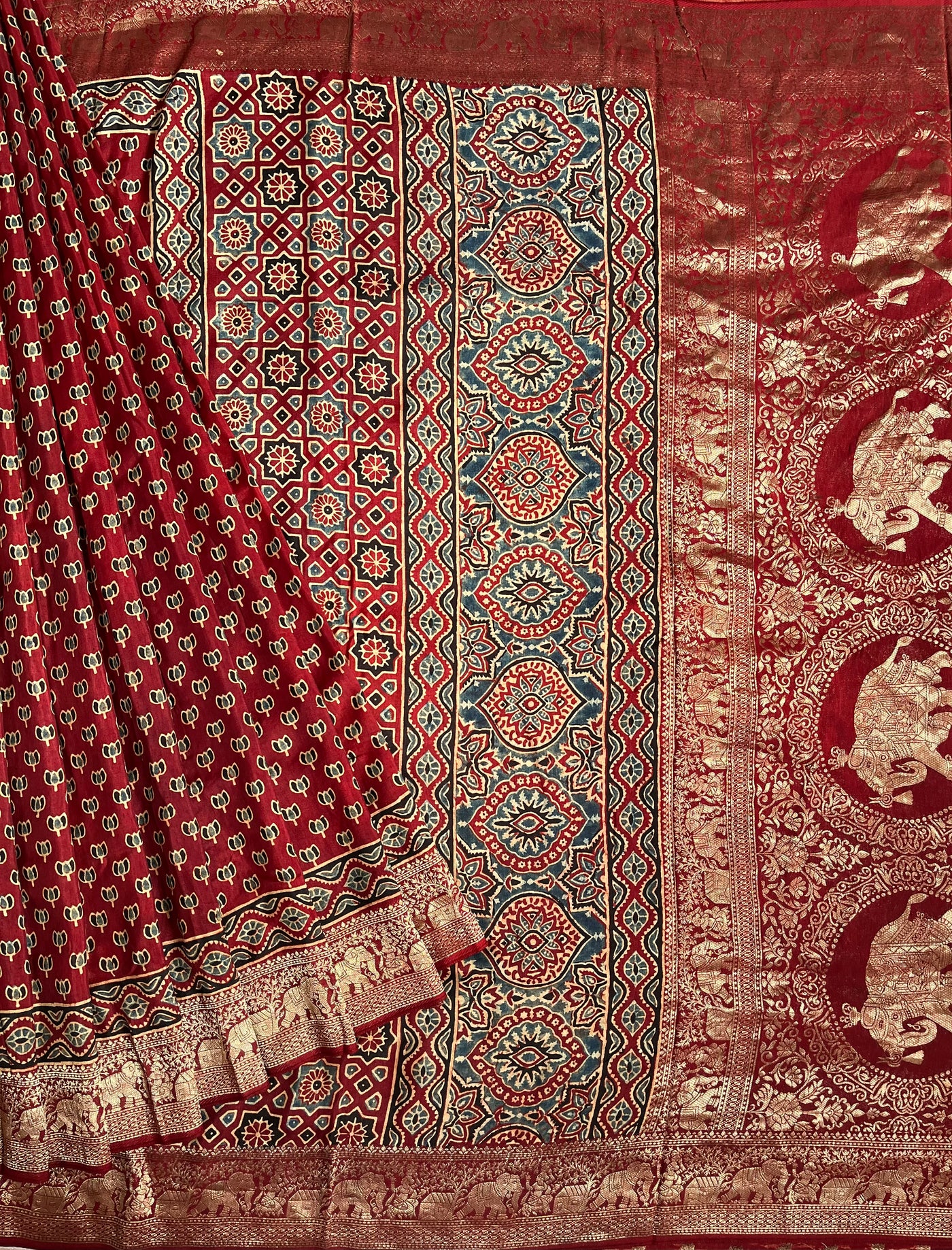 VAANYA:Handblock Ajrakh Dola Silk Saree with Meenakari Pallu