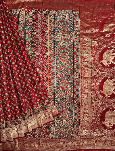 VAANYA:Handblock Ajrakh Dola Silk Saree with Meenakari Pallu