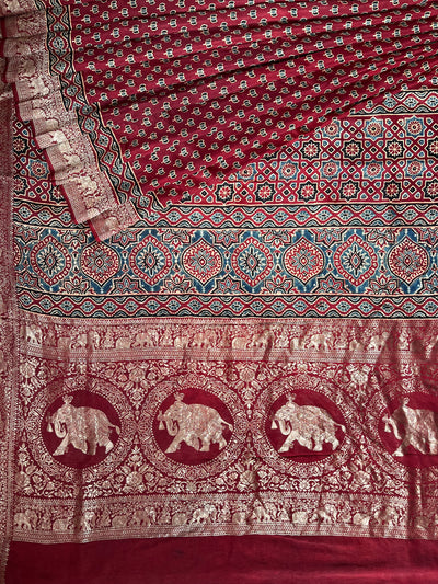 VAANYA:Handblock Ajrakh Dola Silk Saree with Meenakari Pallu