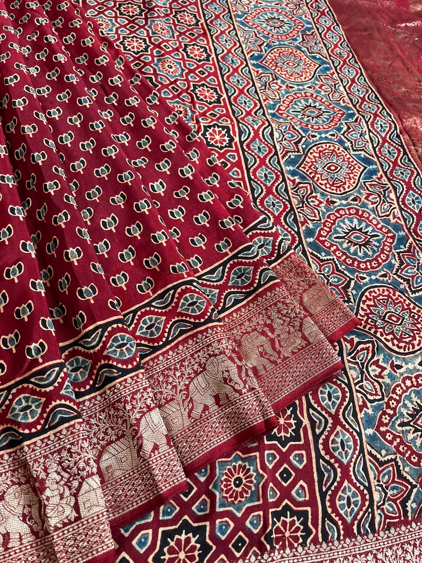 VAANYA:Handblock Ajrakh Dola Silk Saree with Meenakari Pallu